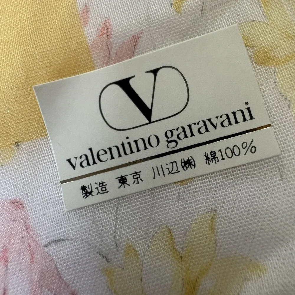 Valentino Garavani Scarf Handkerchief Floral Cotton White Yellow Pink Logo 16.5